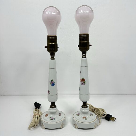 Porcelain Floral Lamps Table Cottagecore Boudoir 12" White Gold Trim Pair 50s? - Picture 2 of 16